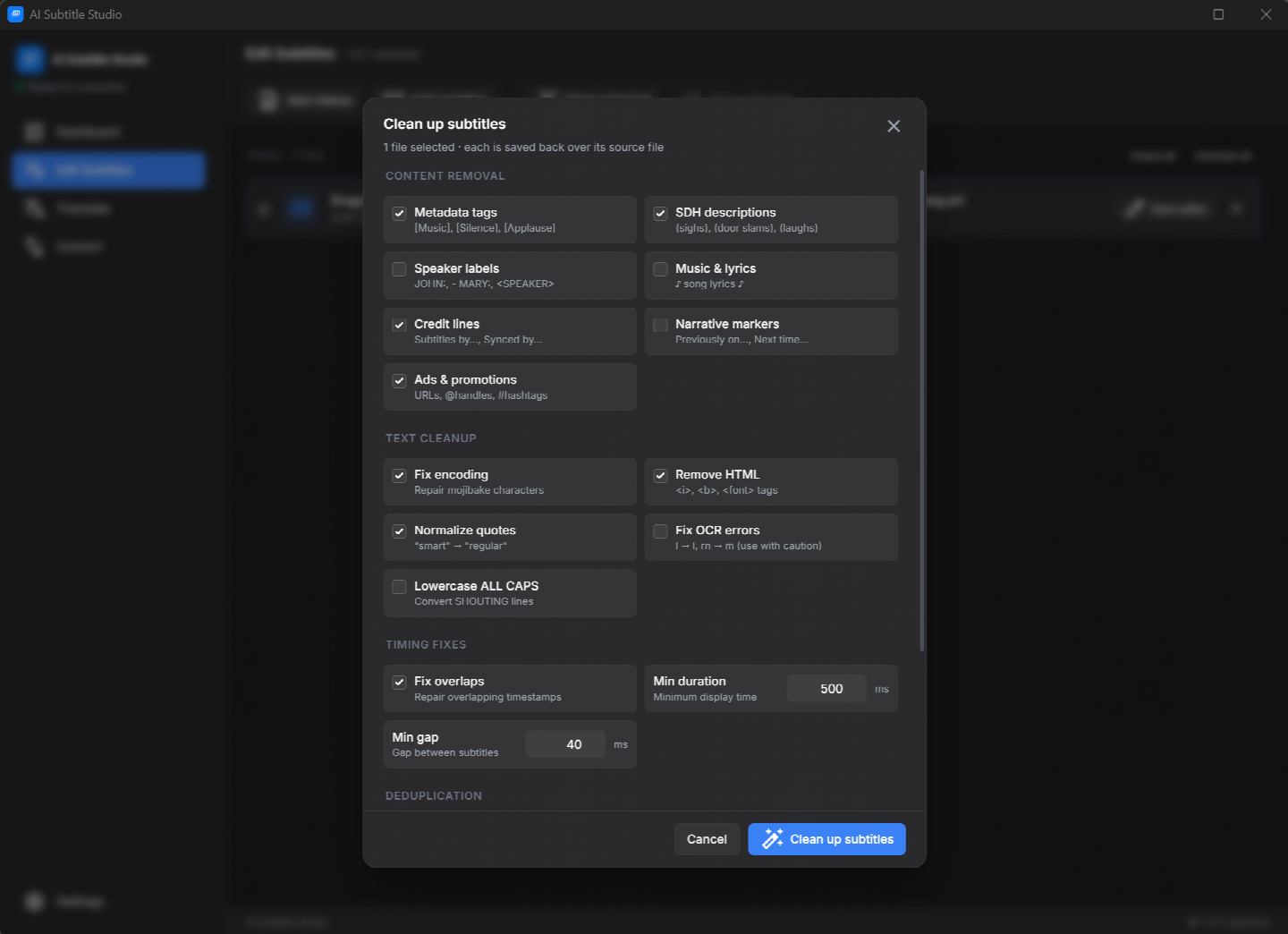 The clean-up dialog: checkboxes for removing metadata tags, SDH descriptions, speaker labels, music and lyrics, credits and ads, plus encoding repair, quote normalisation and timing fixes.